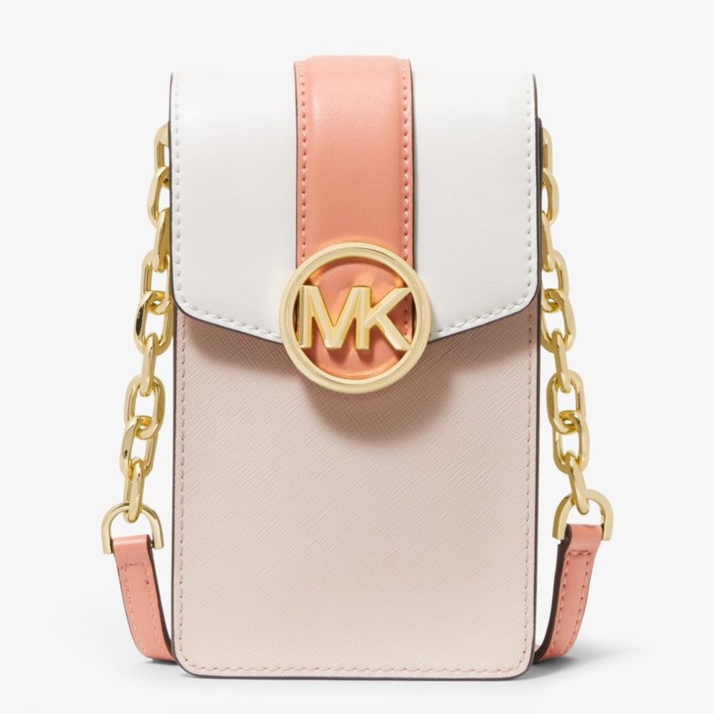 New Michael Kors Carmen Small Faux Leather Phone Crossbody Powder Blush Multi